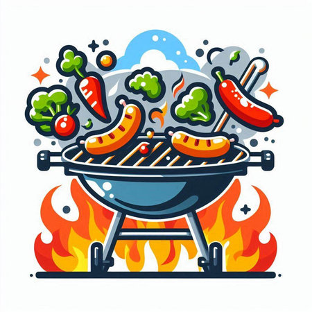 Barbecue grill with sausages and vegetables. Vector illustration.のイラスト素材
