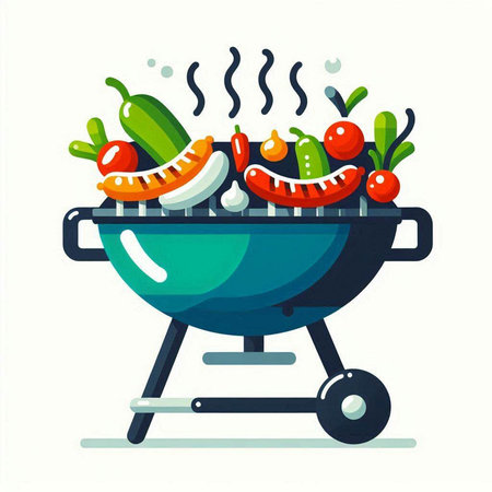 Barbecue grill with vegetables. Vector illustration in flat cartoon style.のイラスト素材