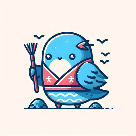 Cute bird character in Japanese kimono. Vector illustration.のイラスト素材
