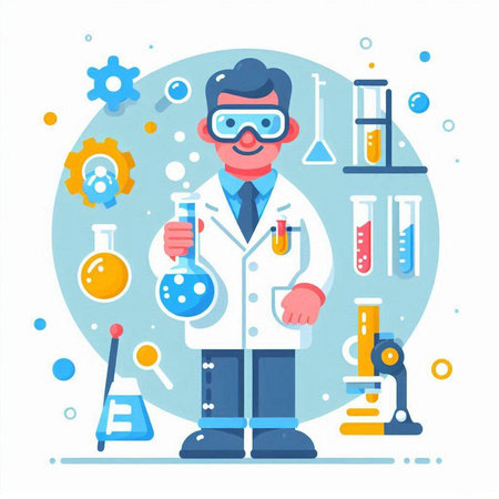 Scientist with equipment and science experiments. Vector illustration in flat styleのイラスト素材