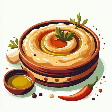 Hummus with olive oil and parsley. Vector illustration.のイラスト素材