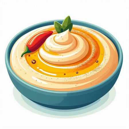 Bowl of hummus with paprika and olive oil. Vector illustration.のイラスト素材