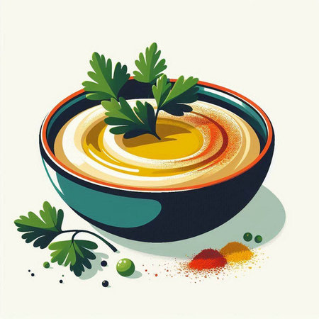 Bowl of hummus with parsley and spices. Vector illustration.のイラスト素材