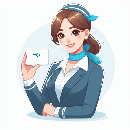 Air hostess holding airplane ticket. Vector illustration in cartoon style.のイラスト素材