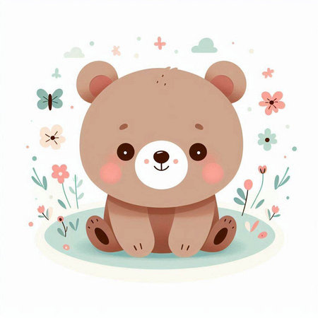 Cute cartoon bear sitting on the grass with flowers. Vector illustration.のイラスト素材