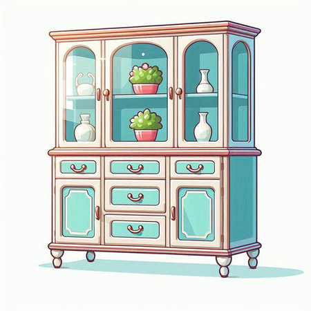 Cabinet with cupboard and vases. Vector illustration.のイラスト素材
