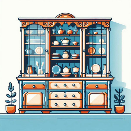 Cabinet with dishes and cups on the shelves. Vector illustration.のイラスト素材