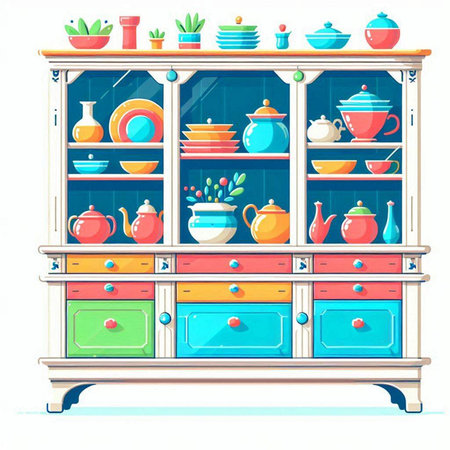 Cabinet with dishes and utensils. Vector illustration.のイラスト素材