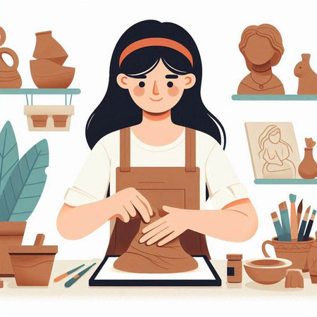 Young woman potter working in her pottery workshop. Vector illustration.のイラスト素材