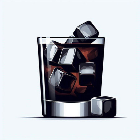 Glass of whiskey with ice cubes. Vector illustration on white background.のイラスト素材