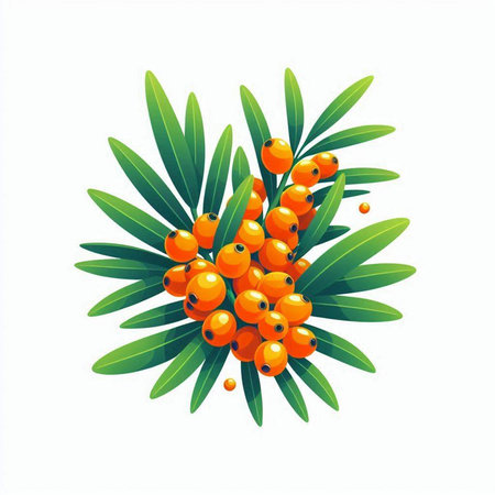 Sea buckthorn berries with green leaves isolated on white background. Vector illustration.のイラスト素材