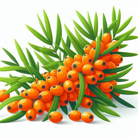 Sea buckthorn berries with leaves isolated on white background. Vector illustration.のイラスト素材