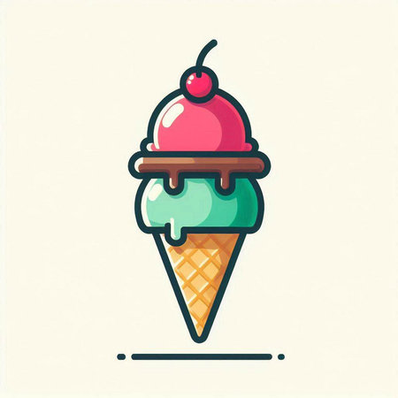 Ice cream with cherry in a waffle cone. Vector illustration.のイラスト素材