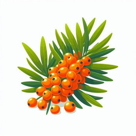 Sea buckthorn branch with berries and leaves. Vector illustration.のイラスト素材