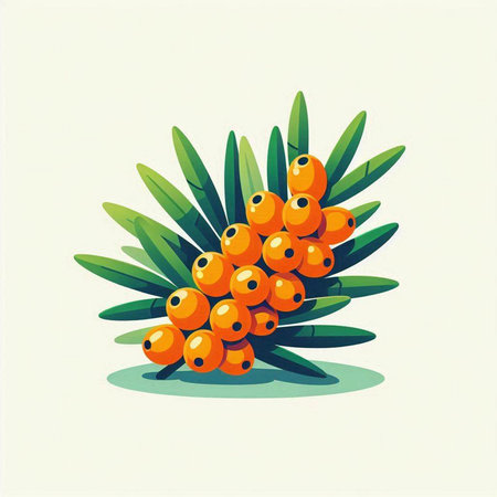 Bunch of sea buckthorn berries with green leaves. Vector illustration.のイラスト素材