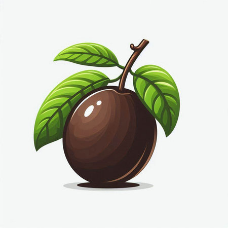 Illustration of a ripe plum with leaves on a white background.のイラスト素材