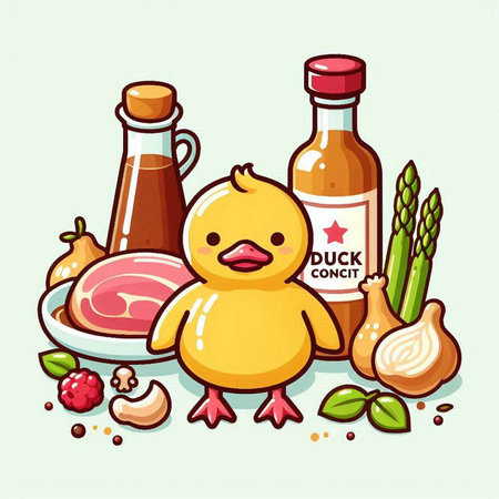 Illustration of a cute duck, chicken, vegetables and spices.のイラスト素材