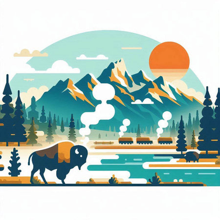 Landscape with mountains, lake, forest and bull. Vector illustrationのイラスト素材