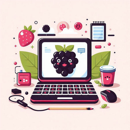 Laptop with blackberries on the screen. Vector illustration in flat style.のイラスト素材
