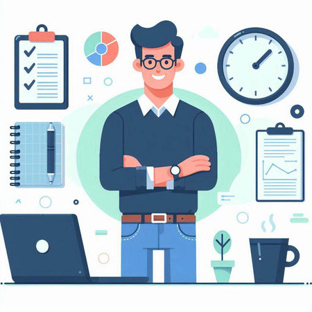 Businessman standing in front of laptop, holding his arms crossed, looking at camera. Flat vector illustrationのイラスト素材