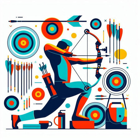 Archery sport vector illustration. Athlete with bow and arrow on abstract background.のイラスト素材