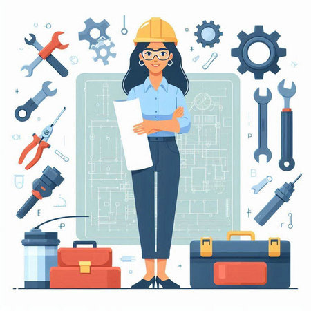 Architect woman with construction plan and tools. Vector illustration in flat styleのイラスト素材