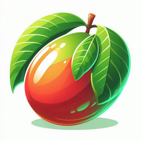 Mango fruit with green leaves isolated on white background. Vector illustration.のイラスト素材