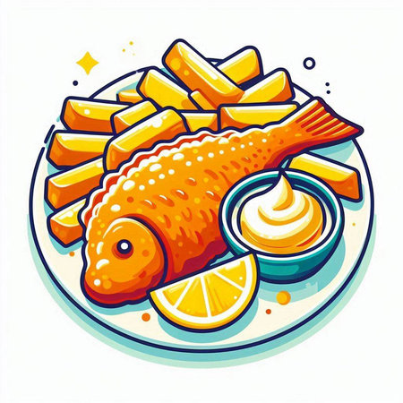 Fried fish with lemon and mayonnaise. Vector illustration.のイラスト素材