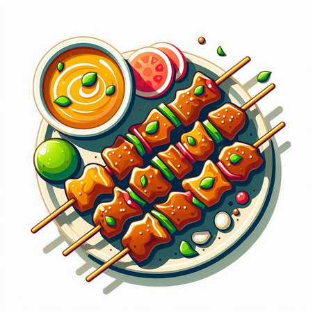 Shish kebab on skewers with sauce. Vector illustration.のイラスト素材