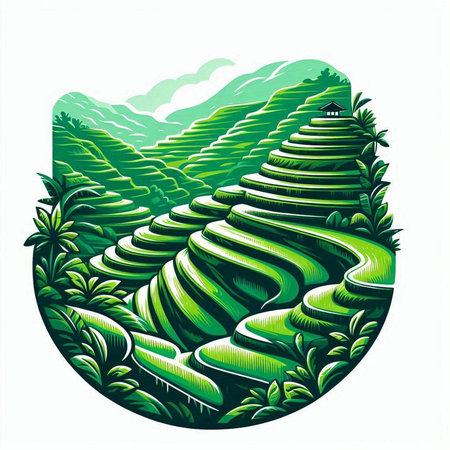 Terraced rice fields in the mountains. Vector illustration in cartoon styleのイラスト素材