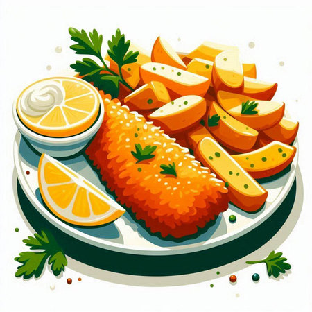 Fried fish fillet with lemon and parsley on a plateのイラスト素材