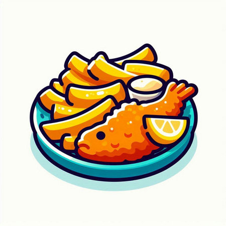 Fish and chips on a plate. Vector illustration in cartoon style.のイラスト素材