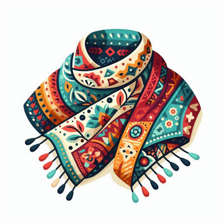 Vector illustration of a colorful hand drawn scarf with ethnic ornamentsのイラスト素材