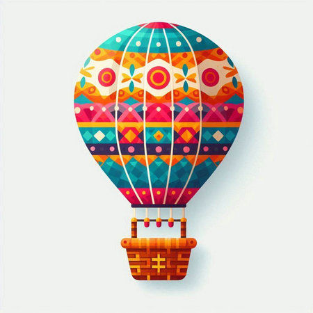 Colorful hot air balloon with colorful geometric pattern. Vector illustration.のイラスト素材