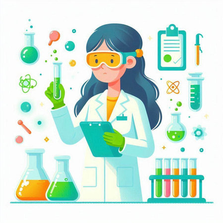 Scientist woman working in chemical laboratory. Vector illustration in cartoon styleのイラスト素材