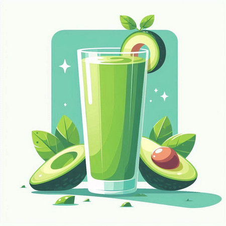 Avocado juice in a glass on a green background. Vector illustration.のイラスト素材