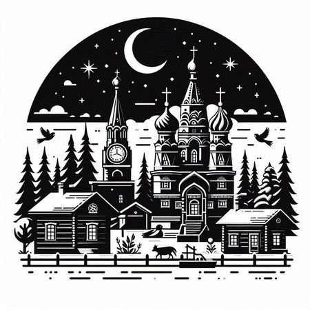 Vintage style illustration of Church of the Intercession of the Blessed Virgin Mary on the background of the full moon.のイラスト素材
