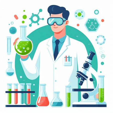 Scientist with equipment and science experiments. Vector illustration in flat styleのイラスト素材