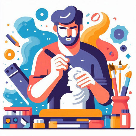 Artist painting a picture with brush. Vector illustration in cartoon style.のイラスト素材