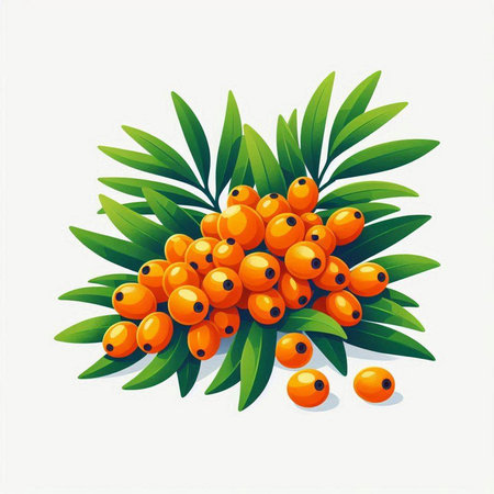 Sea buckthorn berries on a white background. Vector illustration.のイラスト素材