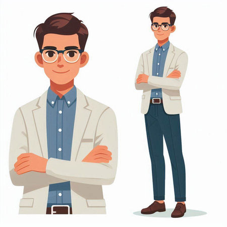 Handsome man in a white jacket and glasses. Vector illustration in cartoon style.のイラスト素材