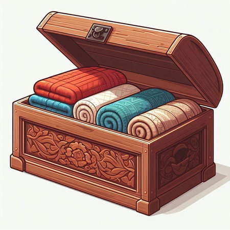 Illustration of a wooden chest with a set of towels in itのイラスト素材