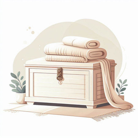 Illustration of a wooden chest with a stack of towels. Vector illustrationのイラスト素材