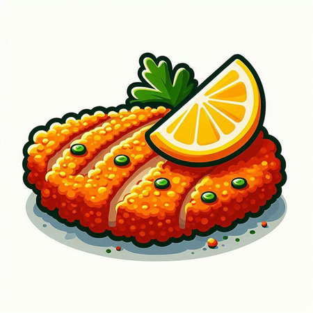 Illustration of a piece of salmon with lemon and parsley.のイラスト素材