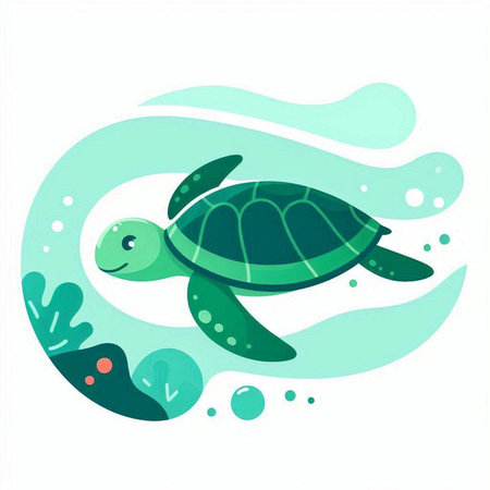 Green turtle on a background of water. Vector illustration in flat style.のイラスト素材