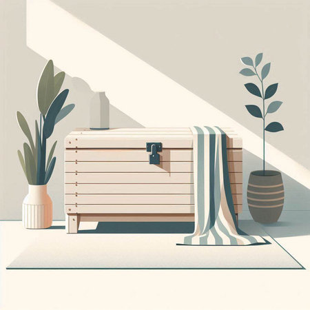 Vintage wooden chest in modern interior. 3d render illustration.のイラスト素材