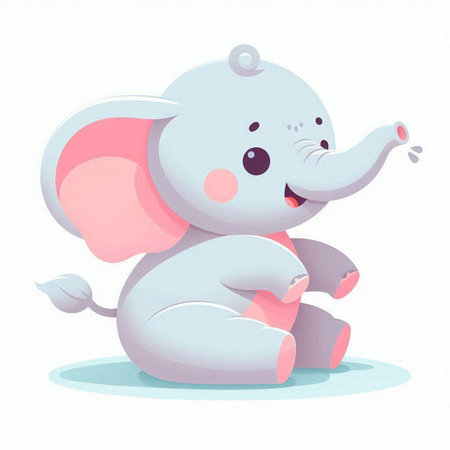 Cute cartoon elephant sitting on the ground. Vector illustration on white background.のイラスト素材
