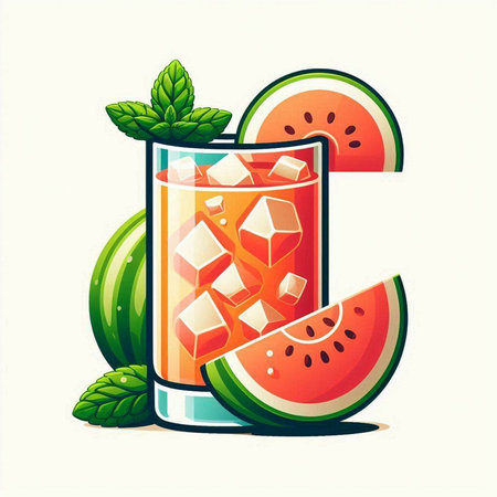 Cocktail with watermelon, mint and ice. Vector illustration.のイラスト素材