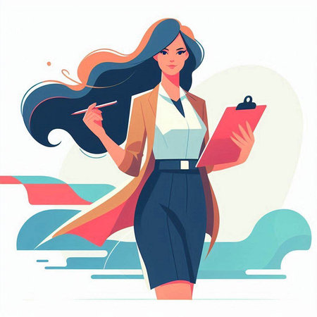 Business woman with clipboard and pen. Vector illustration in flat style.のイラスト素材