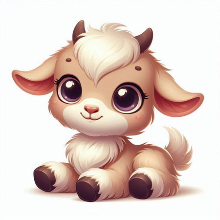 Cute cartoon baby goat sitting on white background. Vector illustration.のイラスト素材